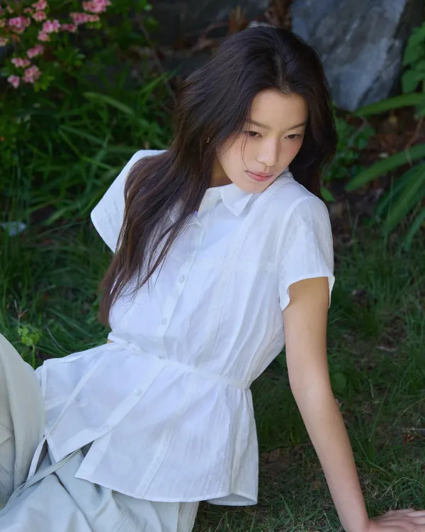 Cross lace see through belted blouse - white