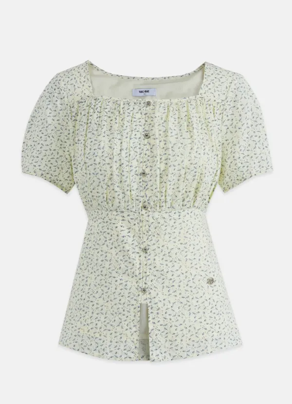  [44-120]  Voyage Shirring Strap Blouse  보이지 셔링 스트랩 블라우스 (여름-데이트룩-데일리룩-하객룩-출근룩-여행룩-스퀘어넥-플라워-여름블라우스-콩단추-빅사이즈-자체제작) 