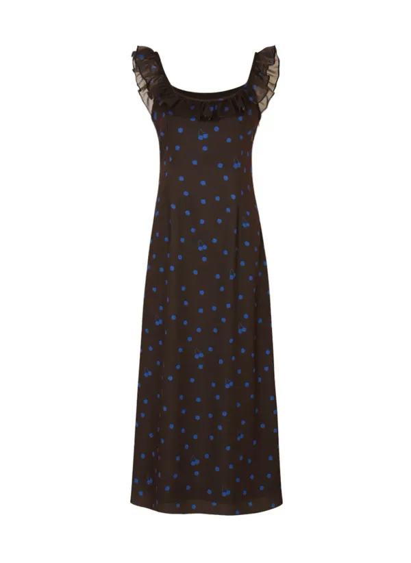 Cherry Dot Frill Dress (Brown)