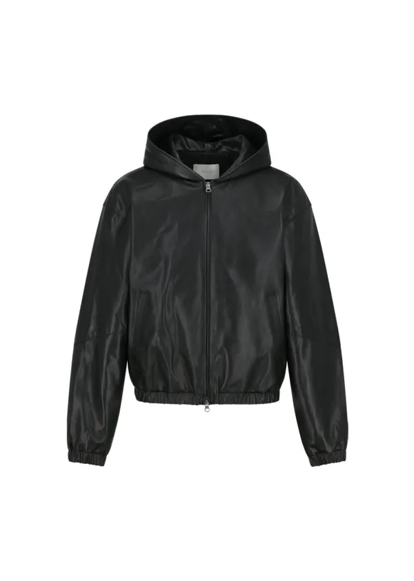 Lambskin Leather Hood Jumper, Black