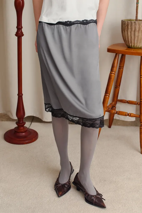 SILKY LACE BANDING MIDI SKIRT, CHARCOAL