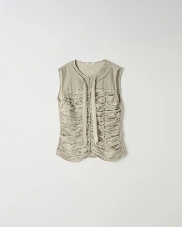 Tie-Neck Shirred Sleeveless [GREY]