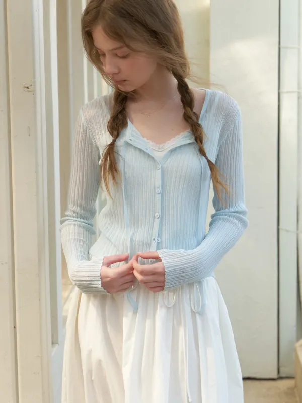 [SET] Loana strap knit cardigan (sky blue)+Rosa lace sleeveless (ivory)