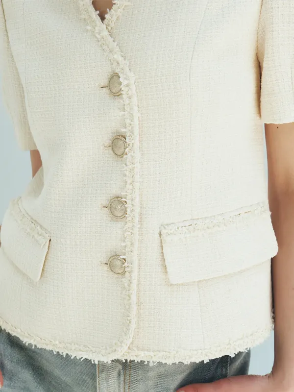 TFR COLLARLESS CROP TWEED JACKET_IVORY