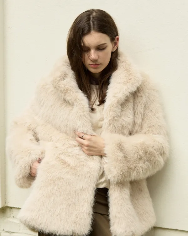 High touch vegan fox fur half coat - pale oat