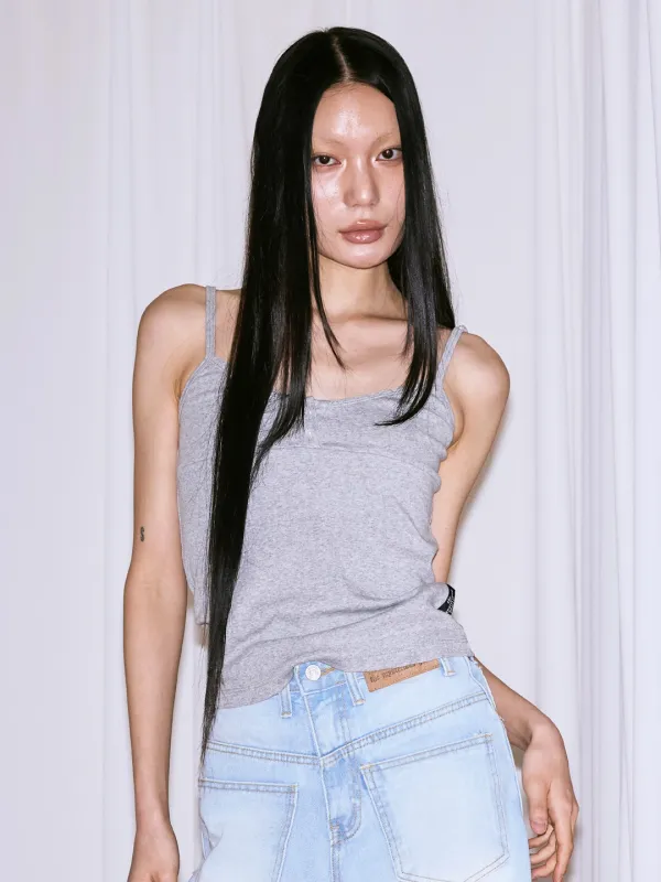 V NECK BUTTON SLEEVELESS - GREY