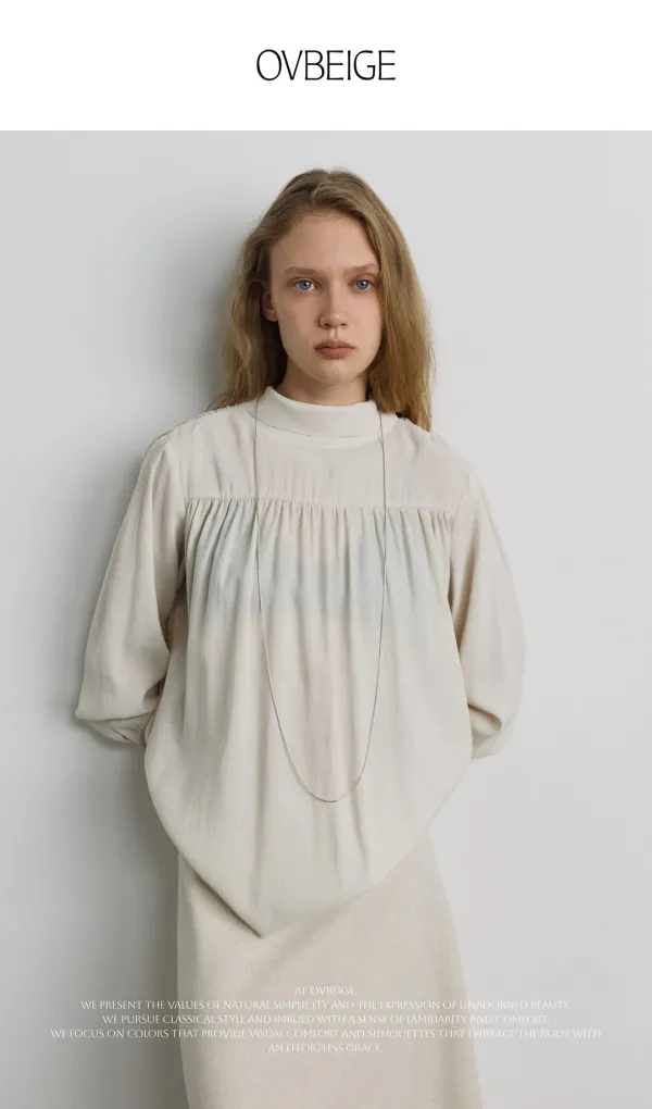TIE NECK SHIRRING BLOUSE_CREAM