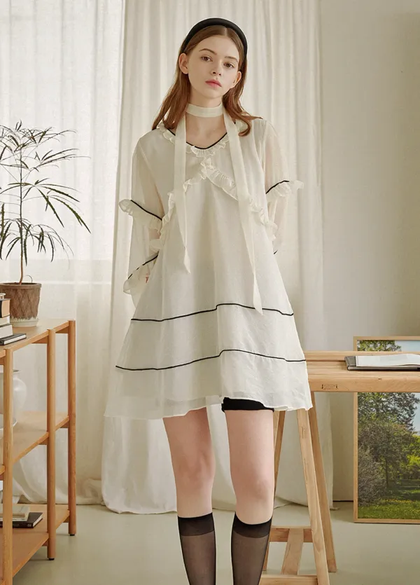 [44-120] Cloud nine Tie Set Mini Dress&nbsp;클라우드 나인 타이세트 미니 드레스 (봄/데일리룩/캐주얼룩/데이트룩/출근룩/로맨틱룩/러블리룩/프릴/타이세트/플레어/미니/원피스/빅사이즈/자체제작)