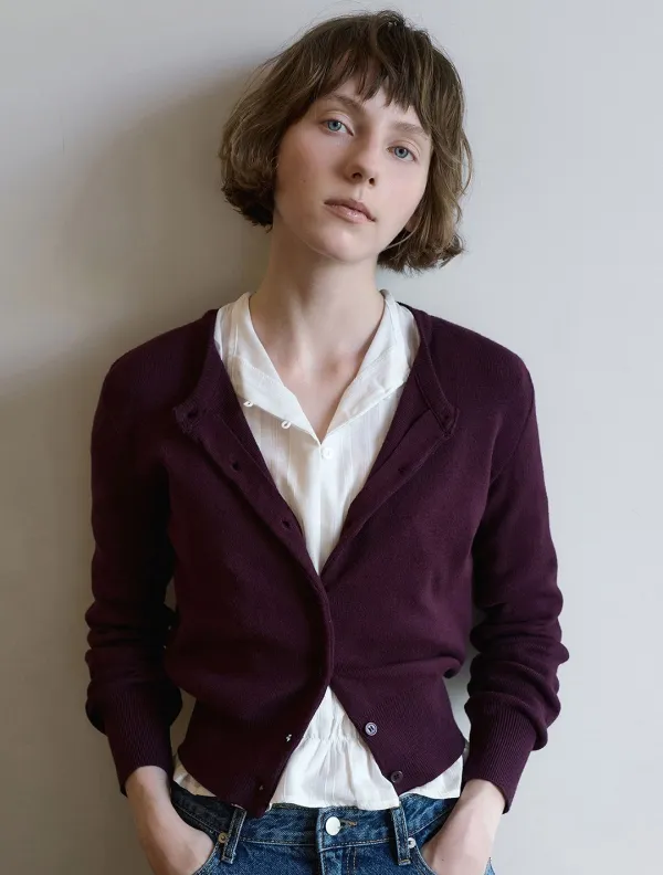 Ribbed wool basic cardigan_Wine