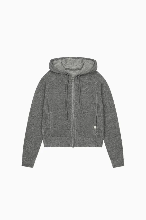 RIBBED KNIT HOODED ZIP-UP, GRAY