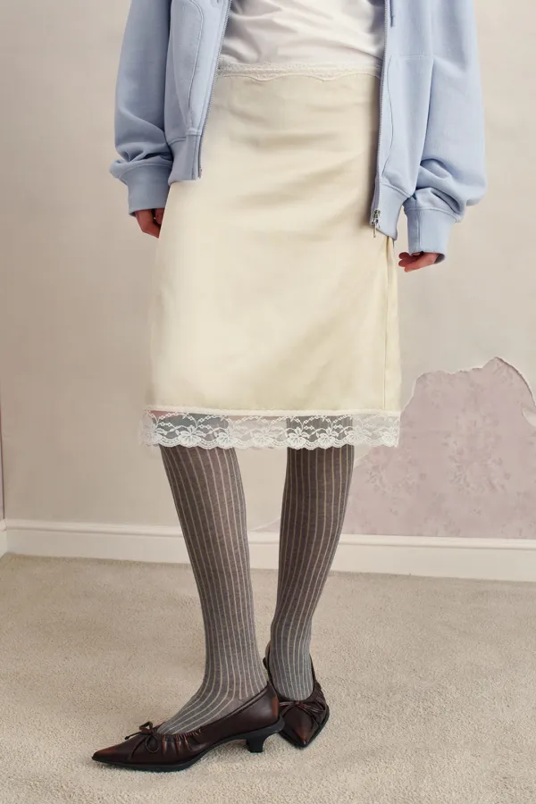 SILKY LACE BANDING MIDI SKIRT, LEMON
