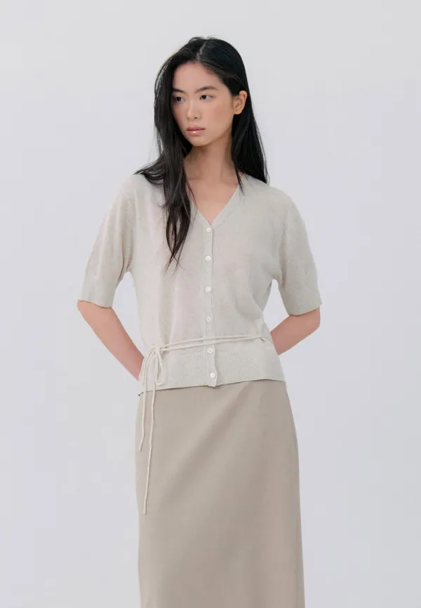 LINEN HALF V NECK CARDIGAN - NATURAL