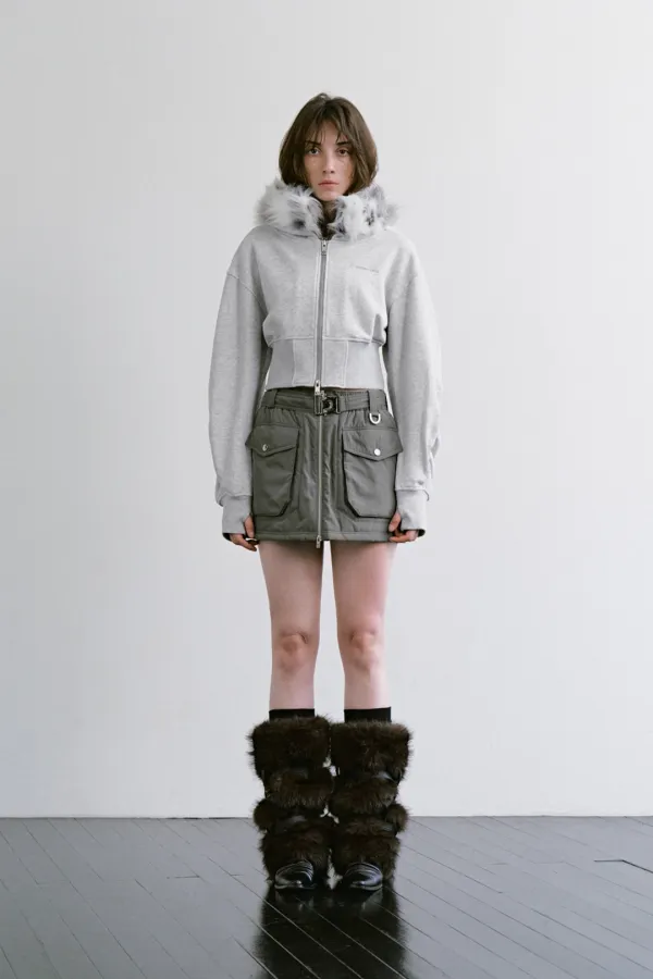 Fur-Trim Hooded Zip-up [ Melange Gray ]
