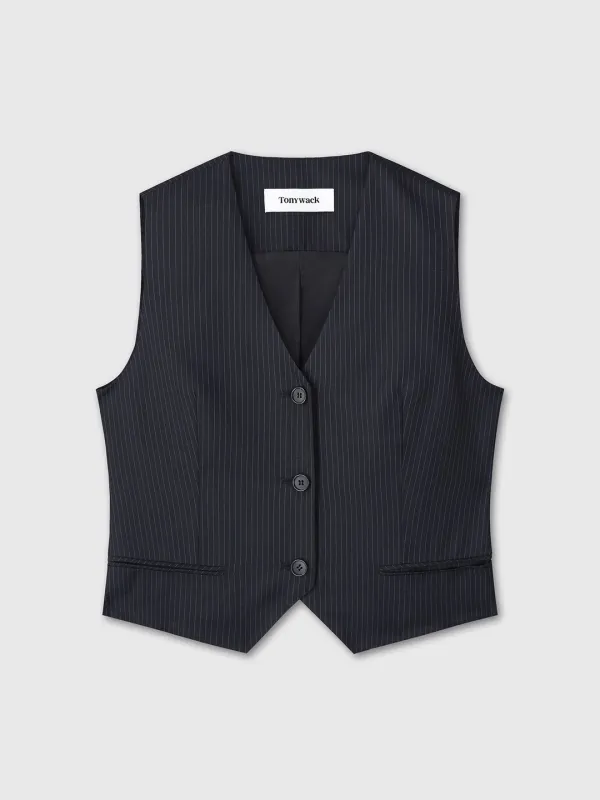 (W) WOOL TAILORED VEST_ NAVY PINSTRIPE