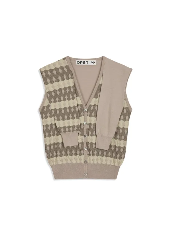JACQUARD SLEEVE LAYERED CARDIGAN, KHAKI