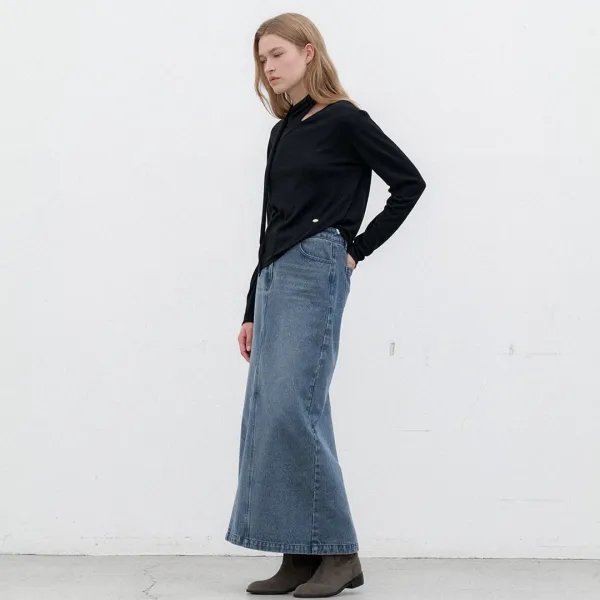 (Z-SK-5040)SLIT POINT DENIM MAXI SKIRT
