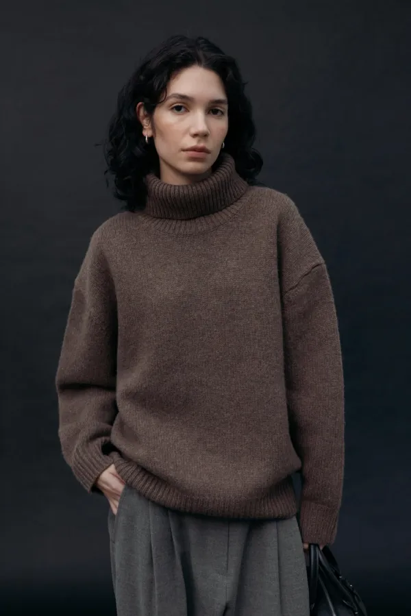 Merino Wool Roll Neck Knit (Melange Brown)