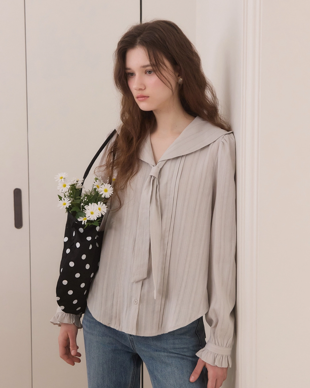 어다울 Sailor tie stripe blouse - ash mint 상품 이미지 2