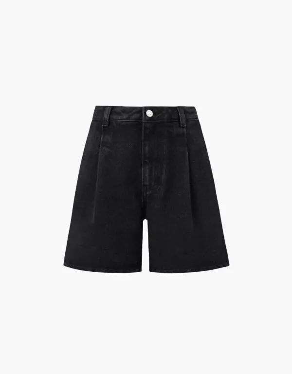 pintuck half denim pants - black