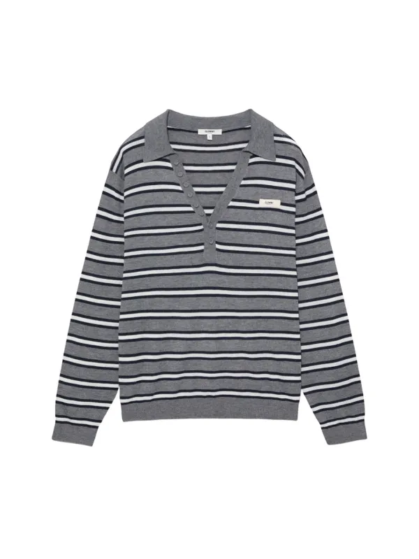 G STRIPE HENLEY LOOSE FIT KNIT (GRAY)