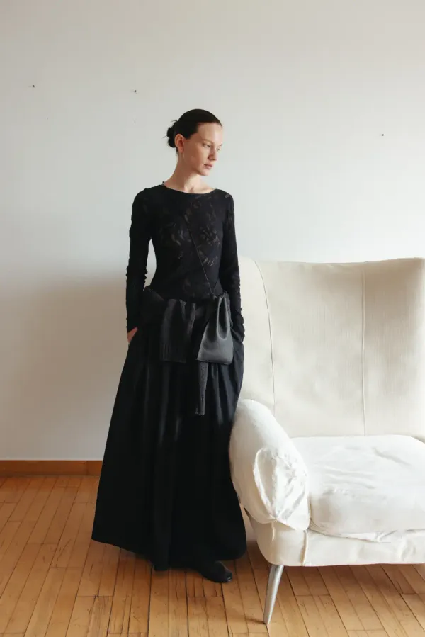Silky shirring long skirt (gray / beige / black)