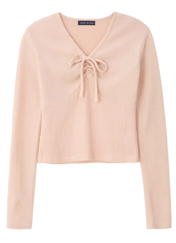 V-neck Ribbon Shirring Knit_ Pink