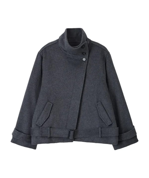 Lovie Wool High Neck Half Coat-Charcoal