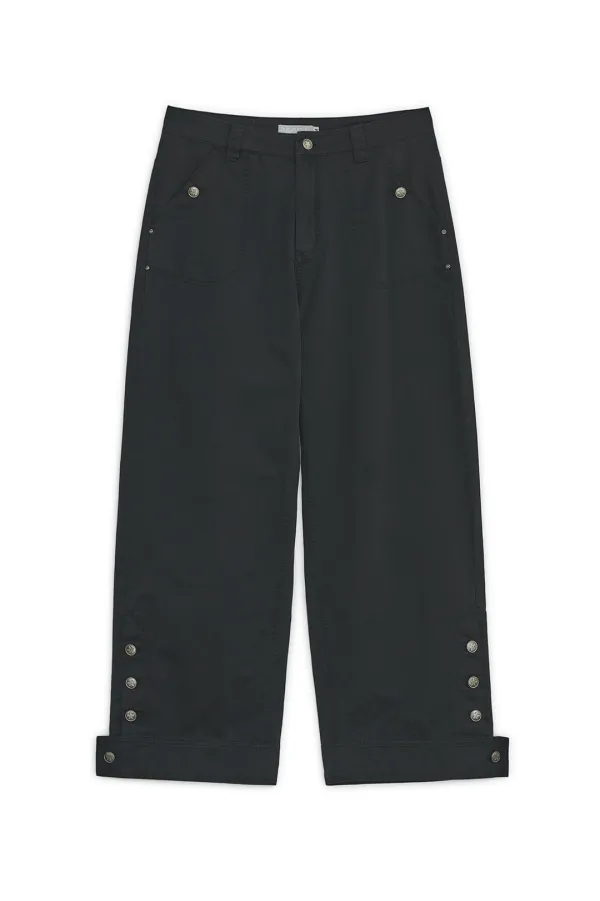 Washed button curved pants (Black)
