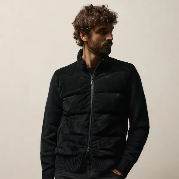 Suede Front Zip Up Sweater - Black
