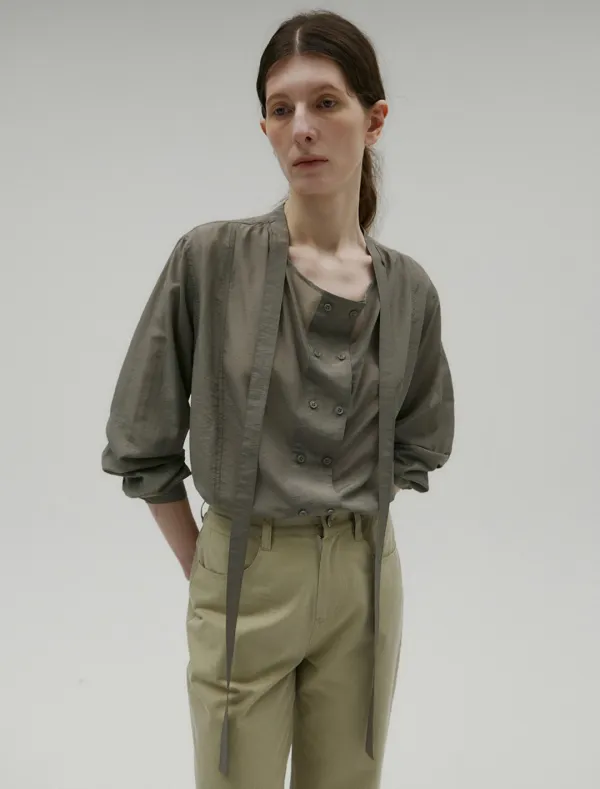 [1st REORDER] DOUBLE BUTTON COWL NECK TIE BLOUSE [GREY]