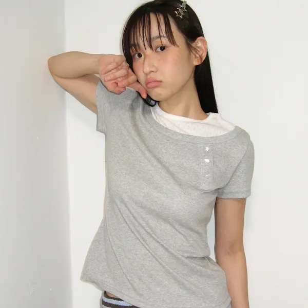 ASYMMETRIC HEART BUTTON LAYERED T SHIRT GREY
