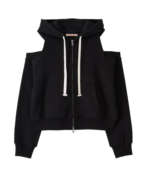 Split Cut Out Hood Zip Up-Black