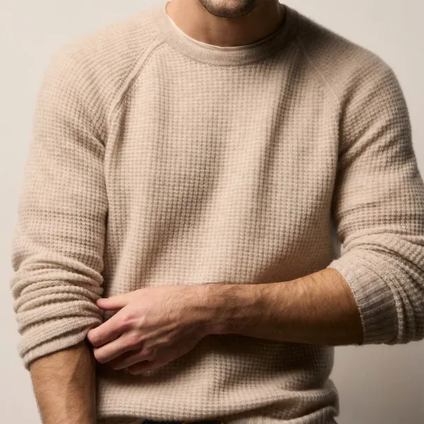Soft Featherweight Cashmere Waffle Crew - Light Beige