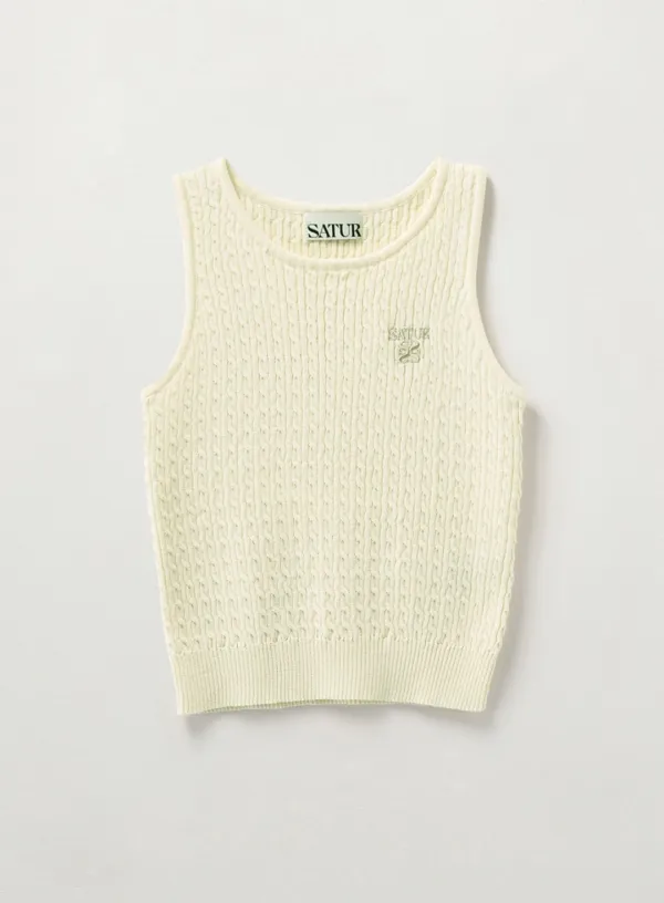(W) Cable Knit Sleeveless Top - Cream