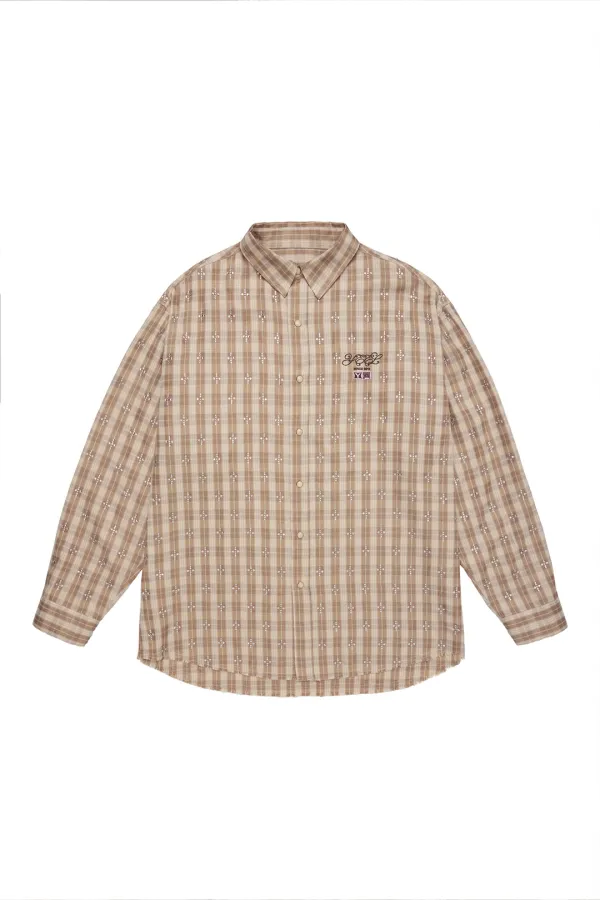 RHINESTONE PLAID OVERSHIRT BEIGE