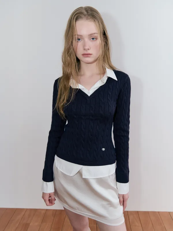 Layered Shirt Cable Knit, Navy