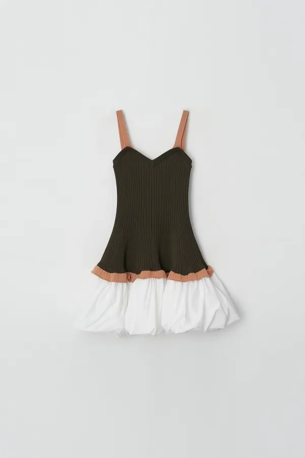 Contrast Volume Knit Mini Dress (orange+green)