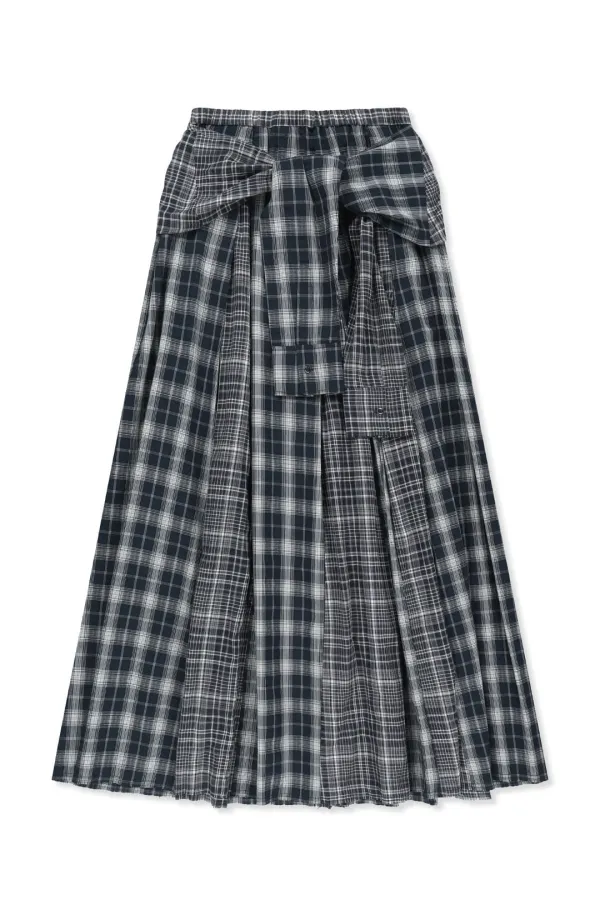 MIXED CHECK SLEEVE TIE FLARE SKIRT IN NAVY