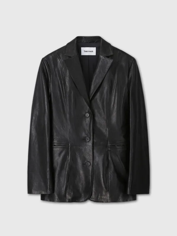 (W) VEGETABLE LAMB LEATHER FITTED BLAZER JACKET_ BLACK