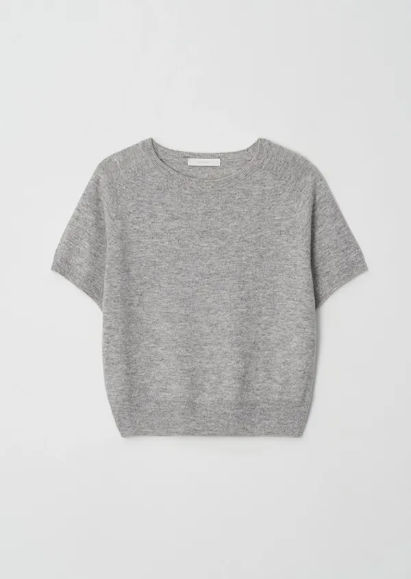 wool round neck half sleeve knit top-melange