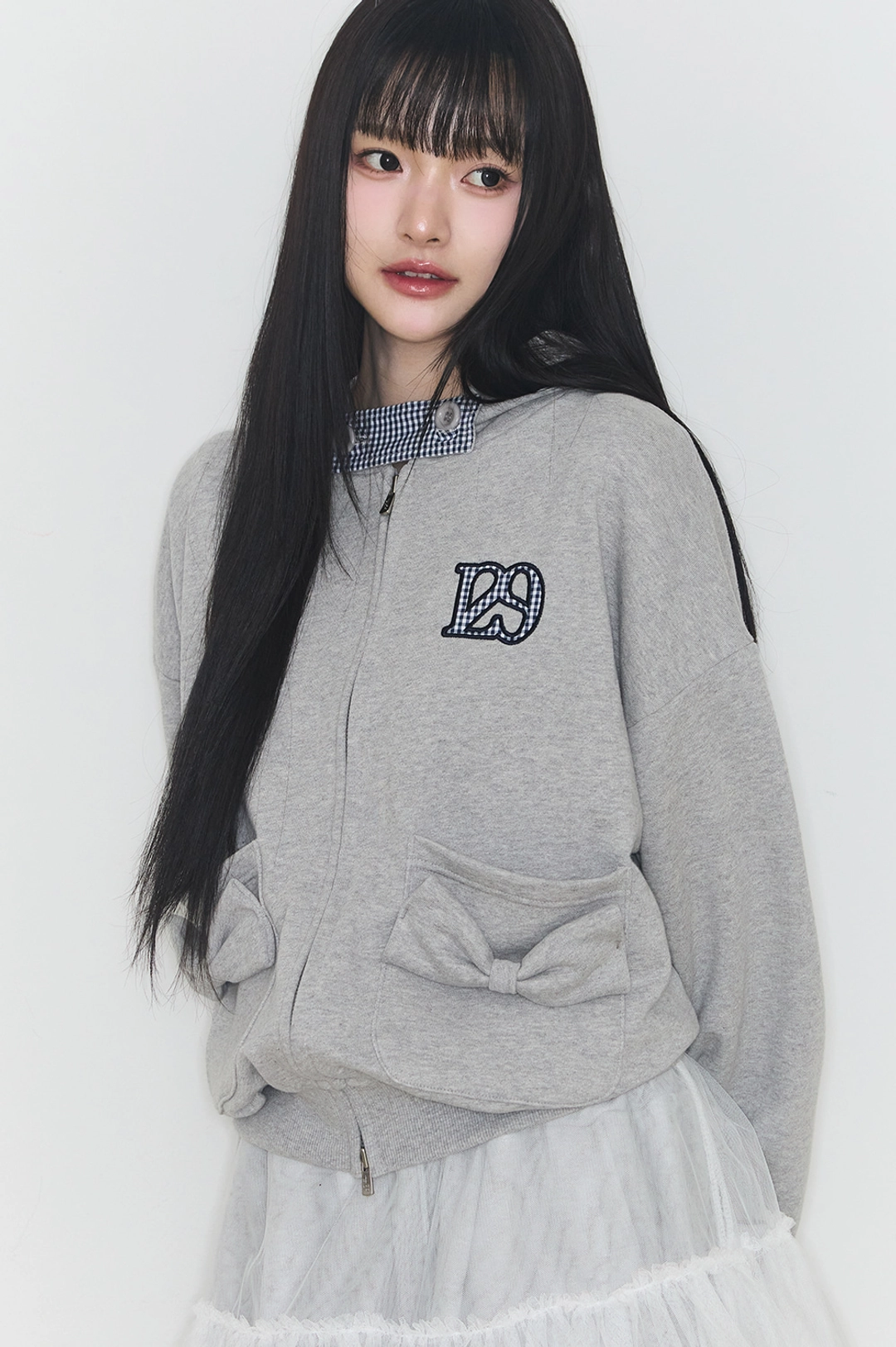 일리고 체커 보우 포켓 후드 집업 멜란지 상품 이미지 2