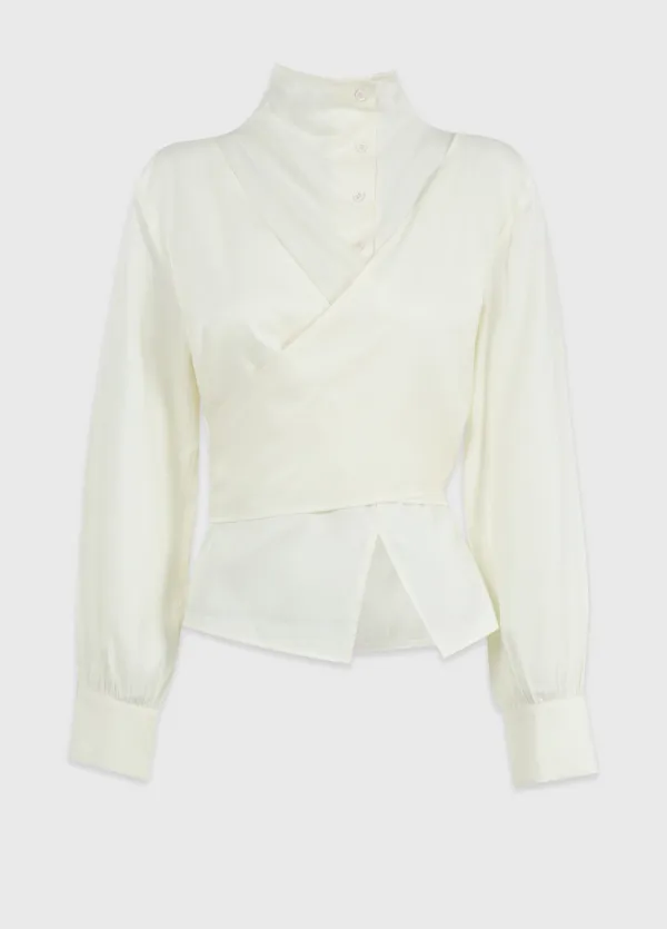 [44-120]  Hana High Neck Wrap Blouse  하나 하이 넥 블라우스 (가을-데일리룩-출근룩-하객룩-클래식룩-페미닌룩-광택-오픈클로징-하이넥-스트랩-빅사이즈-자체제작)