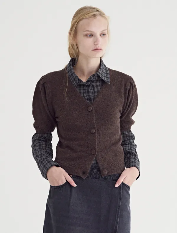 PUFF SLEEVE KNIT CARDIGAN [BROWN]