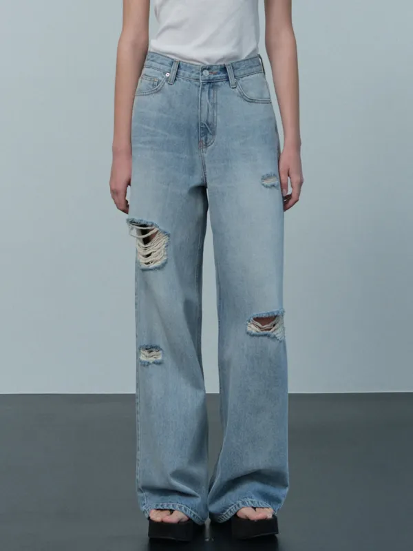 damage washed denim pants (light blue)