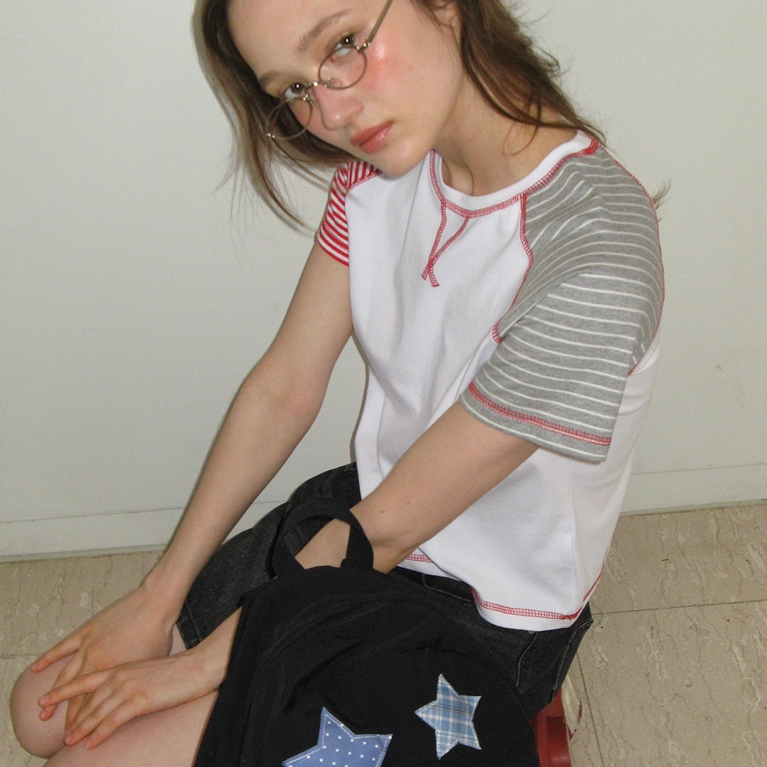 론론 MULTI STRIPE STITCH RAGLAN T SHIRT WHITE 상품 이미지 2