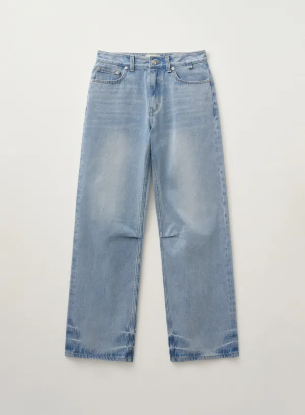 (W) Crease Hemline Wide Denim Pants - Light Washed