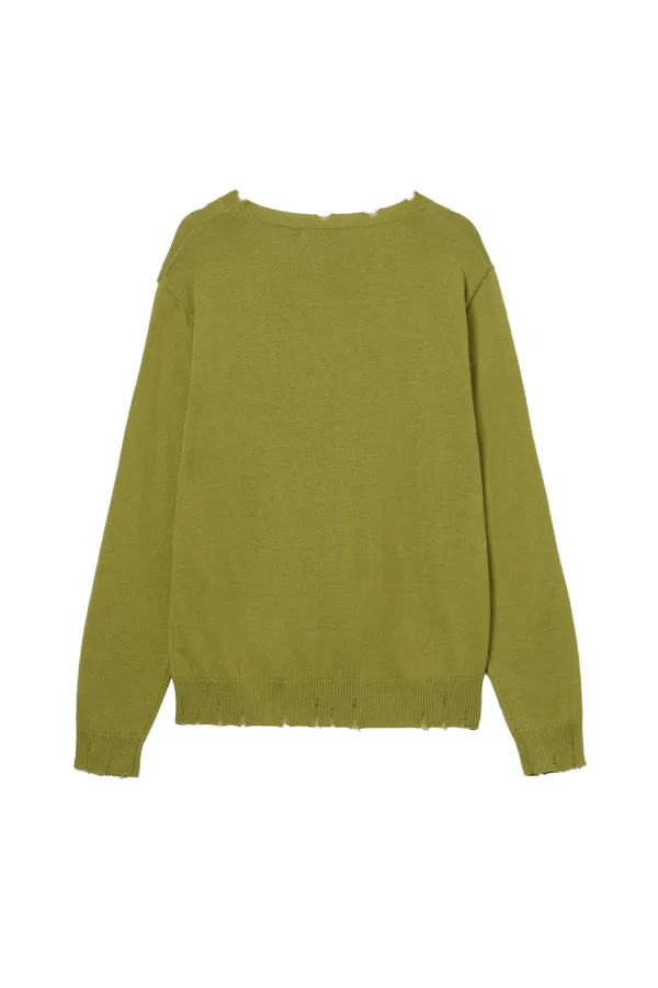 V-NECK DISTRESSED BASIC PULLOVER IN OLIVE