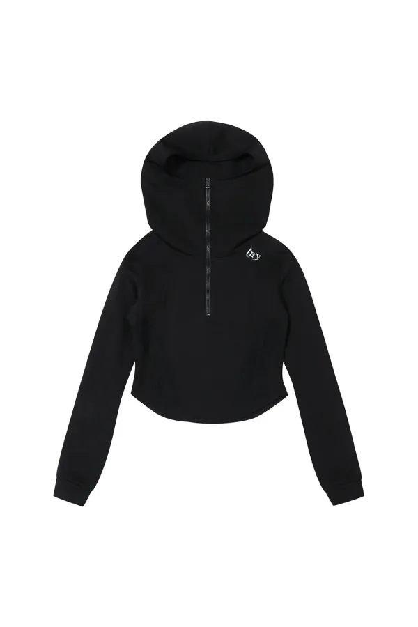 PATCH HIGH-NECK HOODIE TOP BLACK