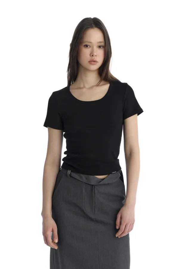 Essential U-Neck Ribbed T-Shirt [ Black ]