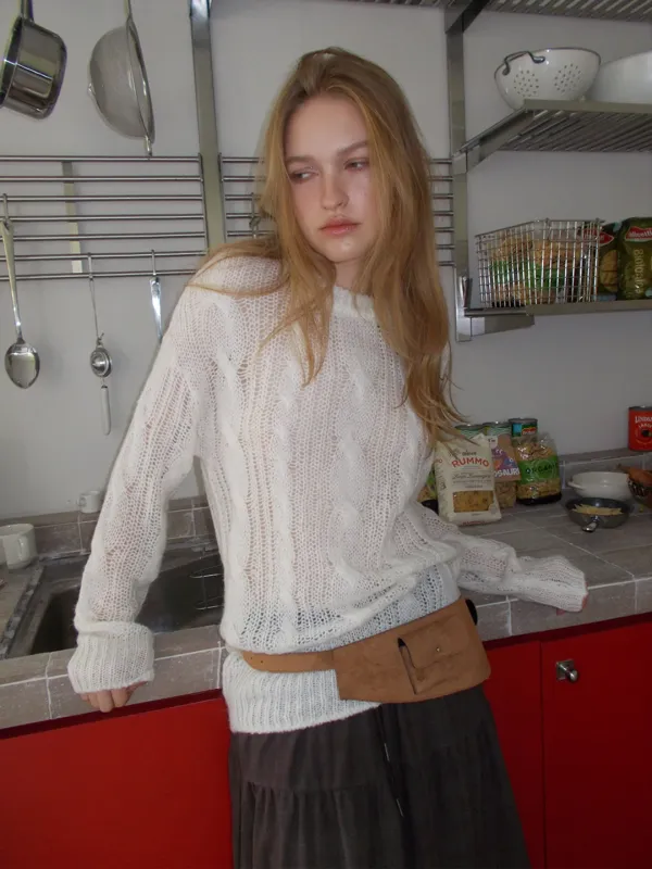 Hairy Cable Pullover Knit, Ivory